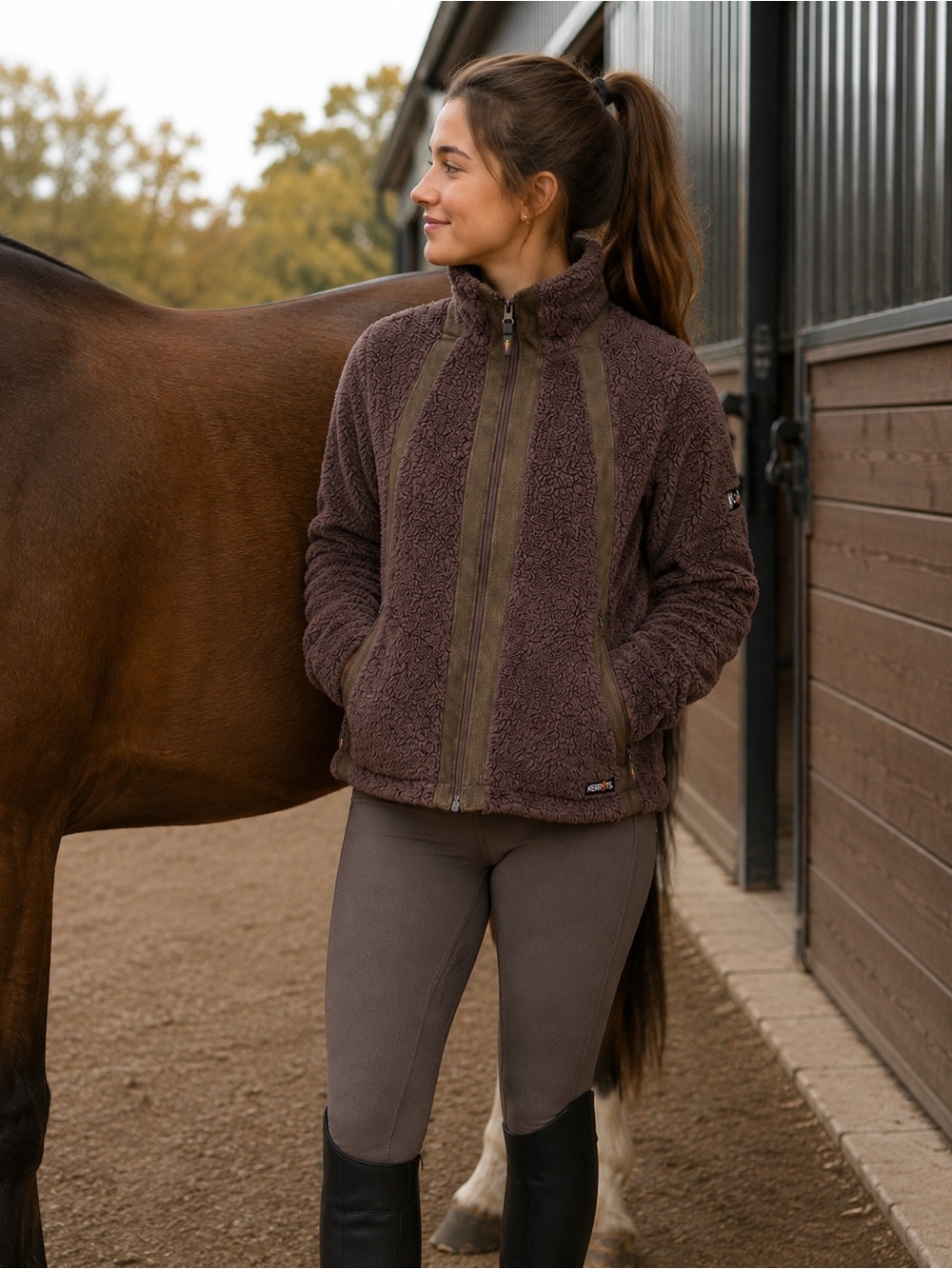 Equestrian Kerrits Plush Brown Teddy Sherpa Fleece Jacket with Olive Trim